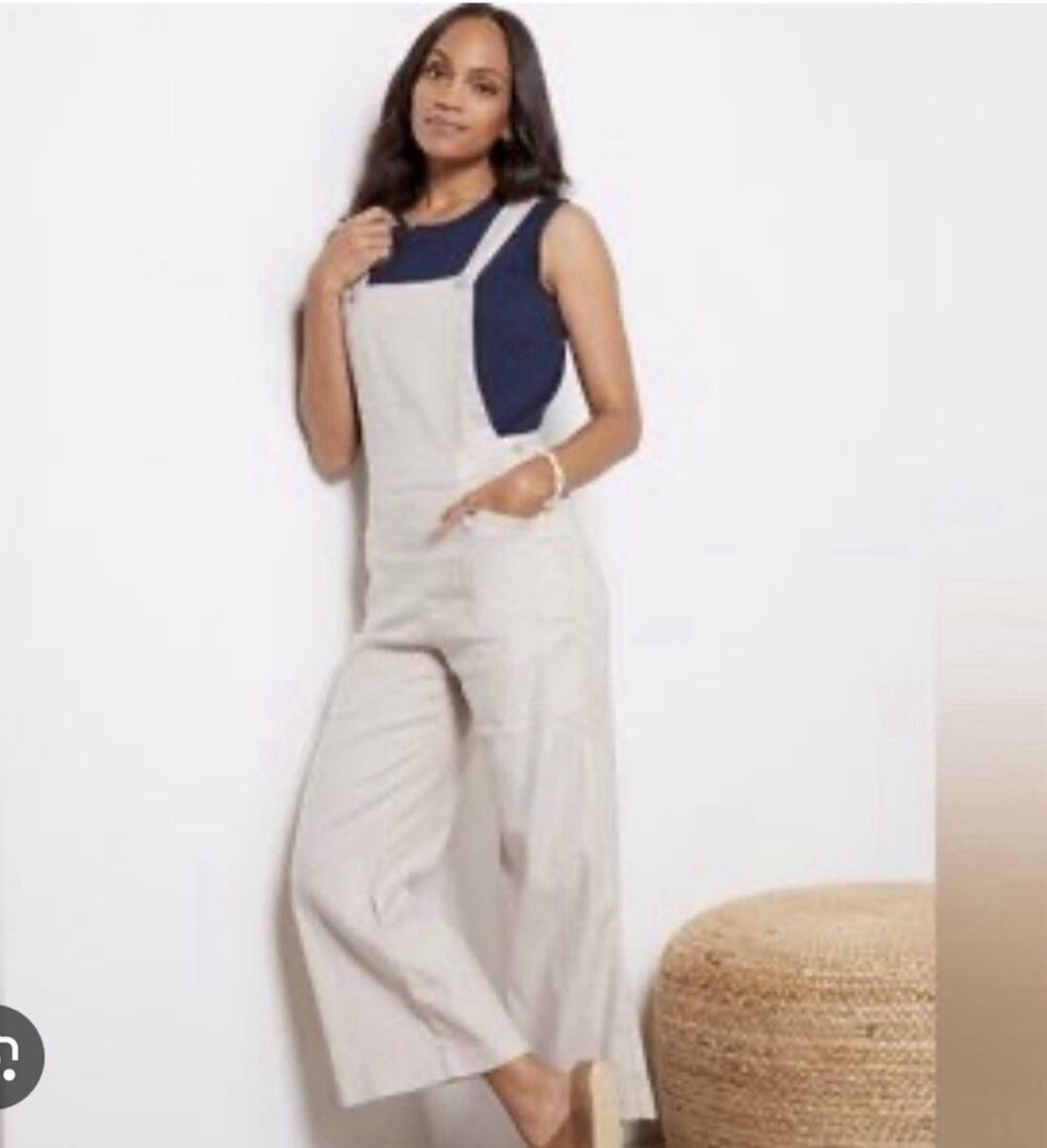 Evereve Beth Wide Leg Overalls Linen Tencel Blend Beige Jumpsuit Size 26 NWT